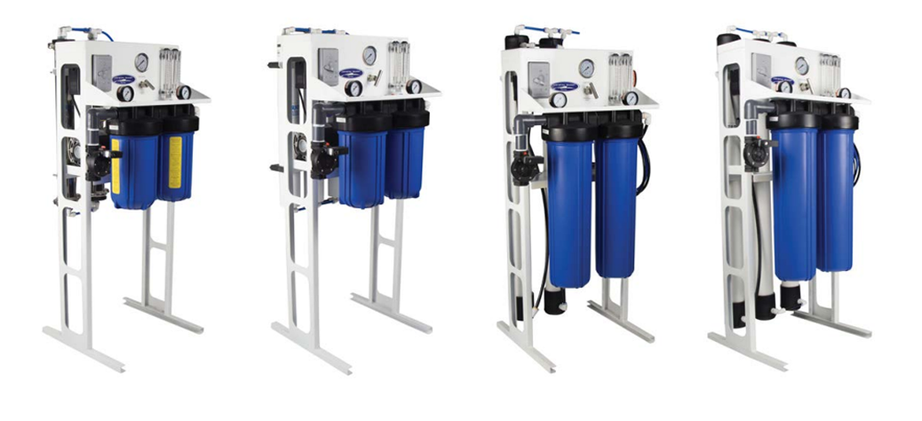 Blue cartridge water filtration units on frames
