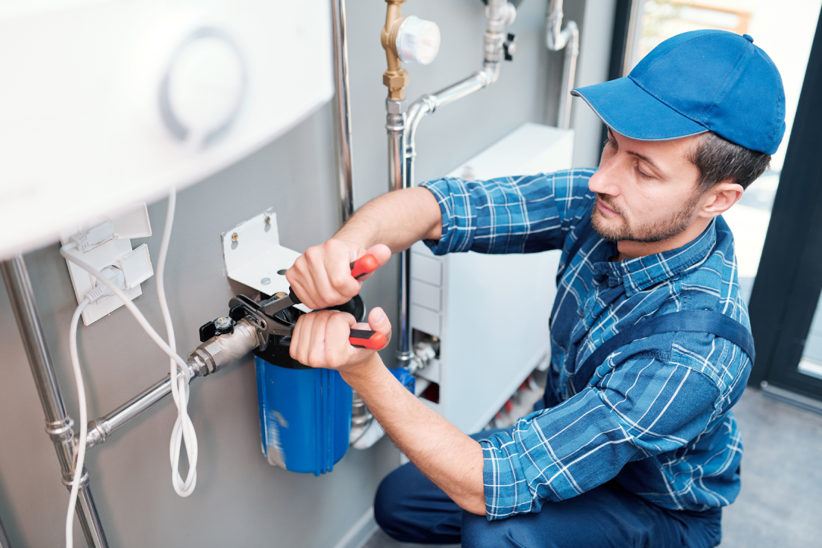 Plumber fixing a water filter system
