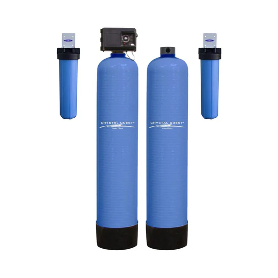 Twin blue whole house water filtration tanks