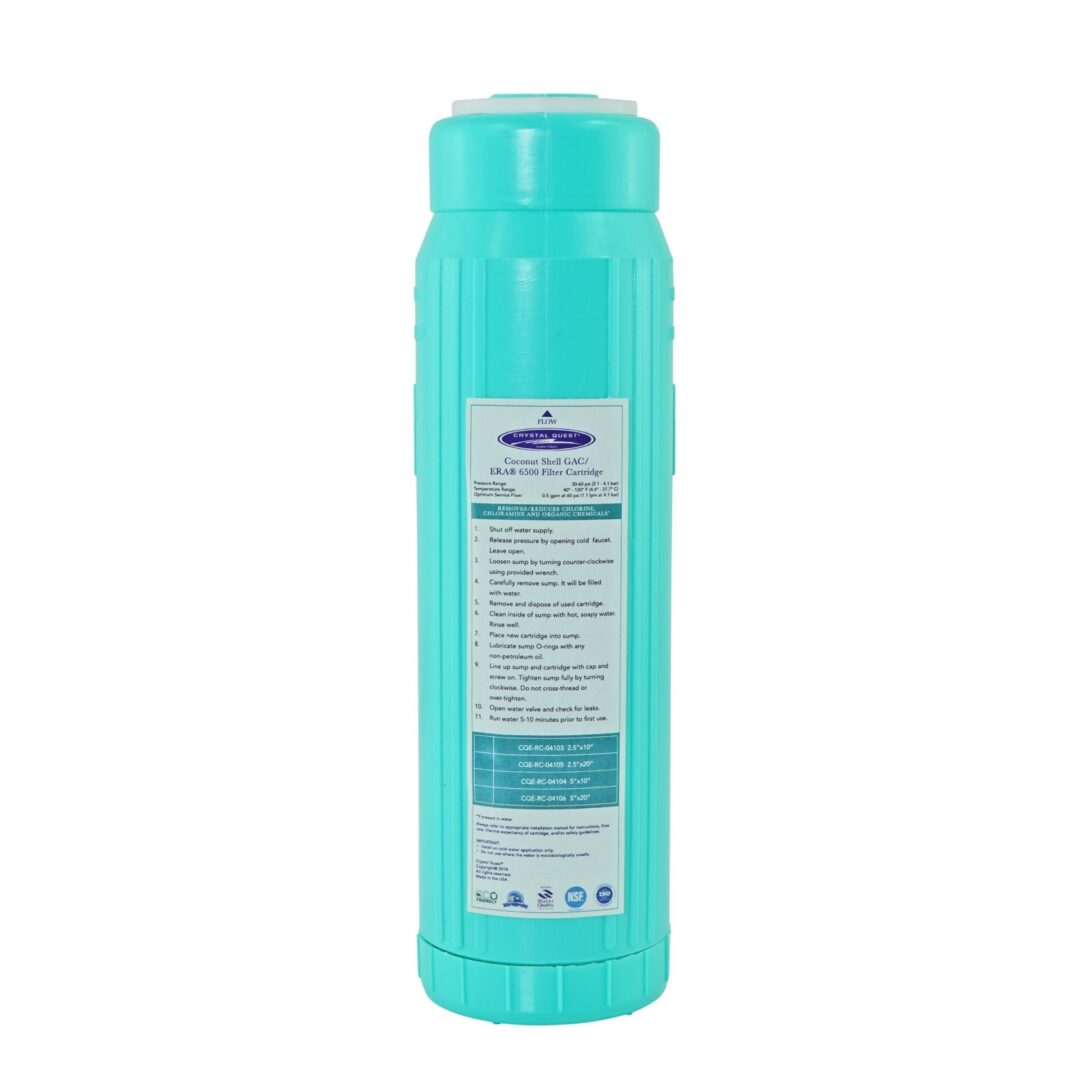 Turquoise water filter cartridge with label