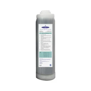 White cylindrical water filter cartridge with label