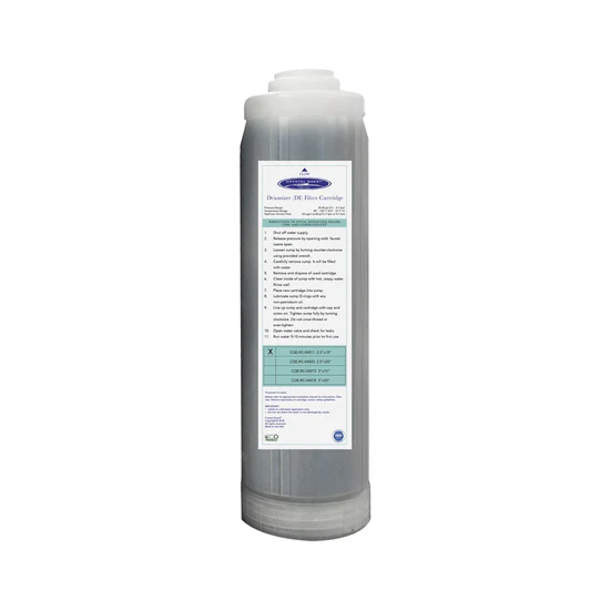 White cylindrical water filter cartridge with label