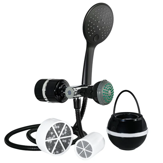 Black handheld showerhead set with multiple attachments
