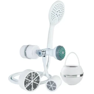 White handheld shower head with filter attachments