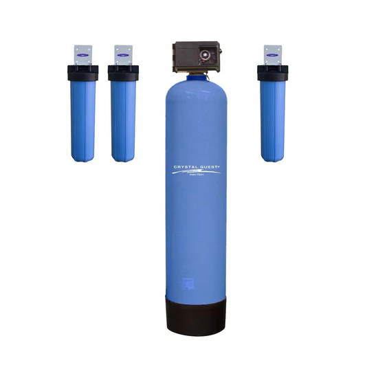 Blue whole-house water filtration system with three prefilters