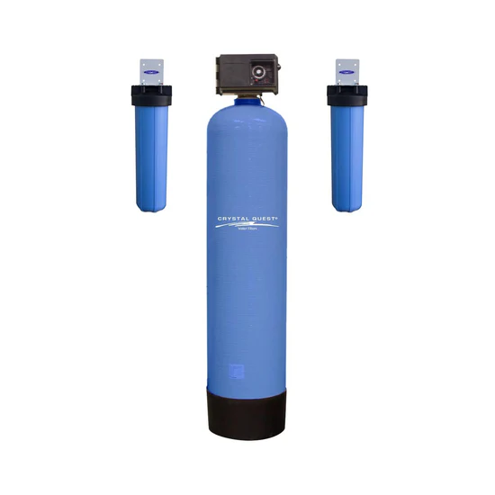 Blue whole-house water filtration system with cartridges