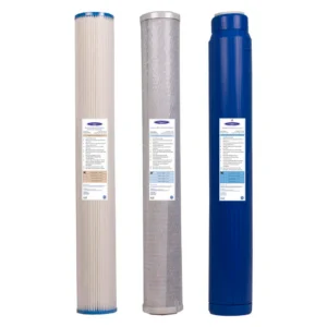 Three long water filter cartridges standing upright