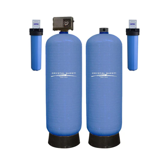 Whole house water filtration system with blue tanks