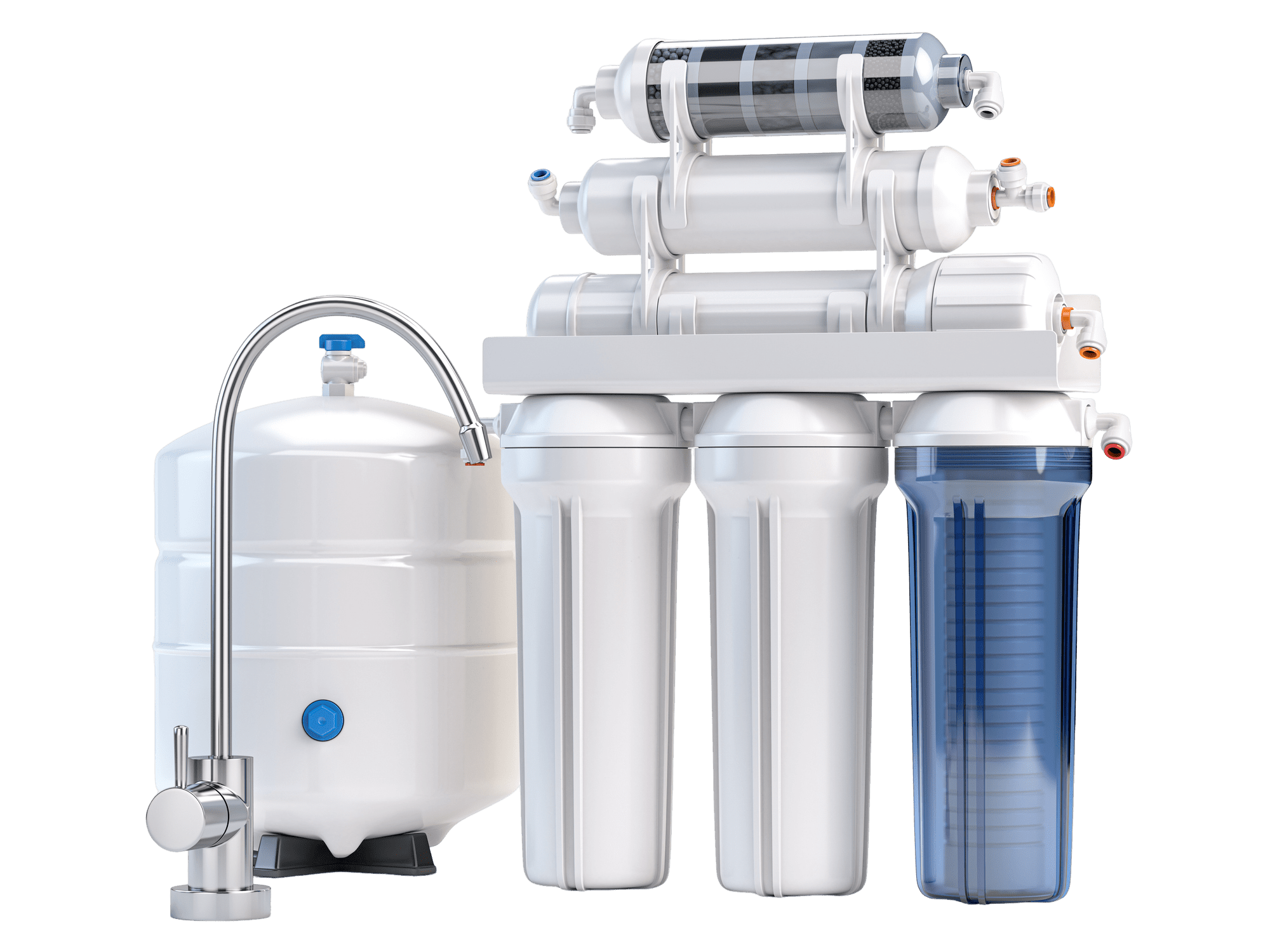 Reverse osmosis water filtration system with tank