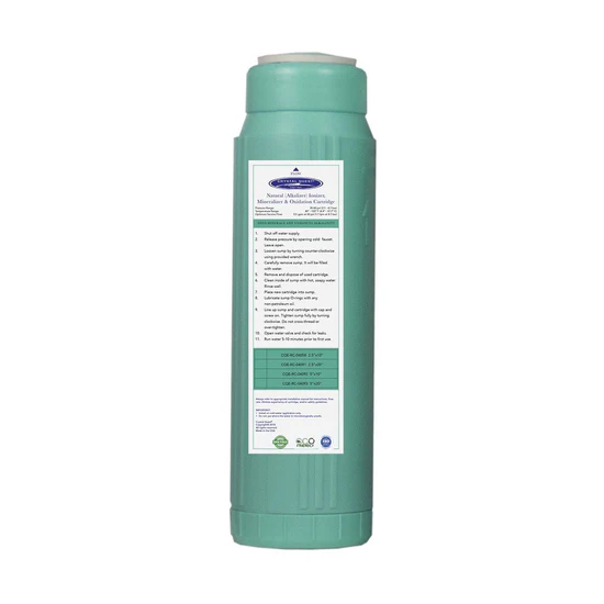 Green water filter cartridge with white label