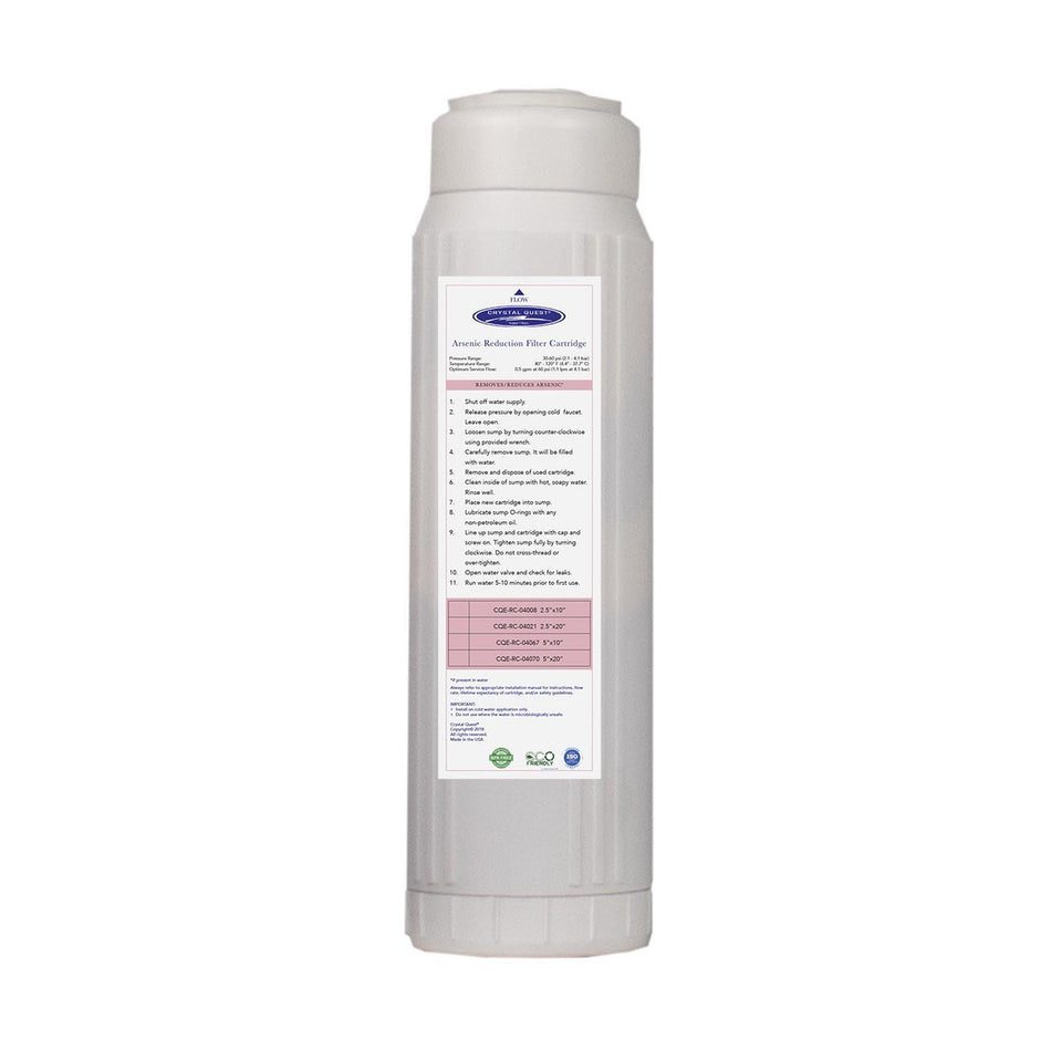 white cylindrical water filter cartridge with label