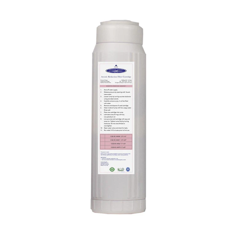 white cylindrical water filter cartridge with label