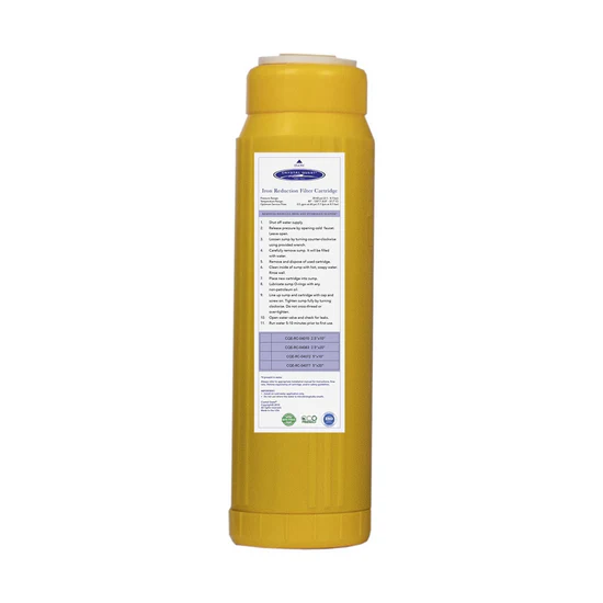 Yellow inline water filter cartridge with label
