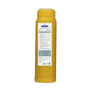 Yellow water filter cartridge with label