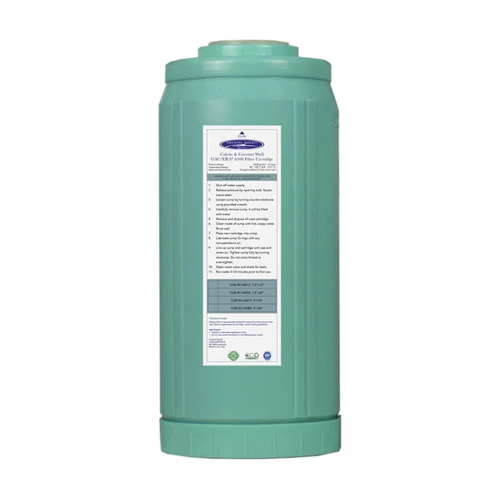 Teal water filter cartridge with label