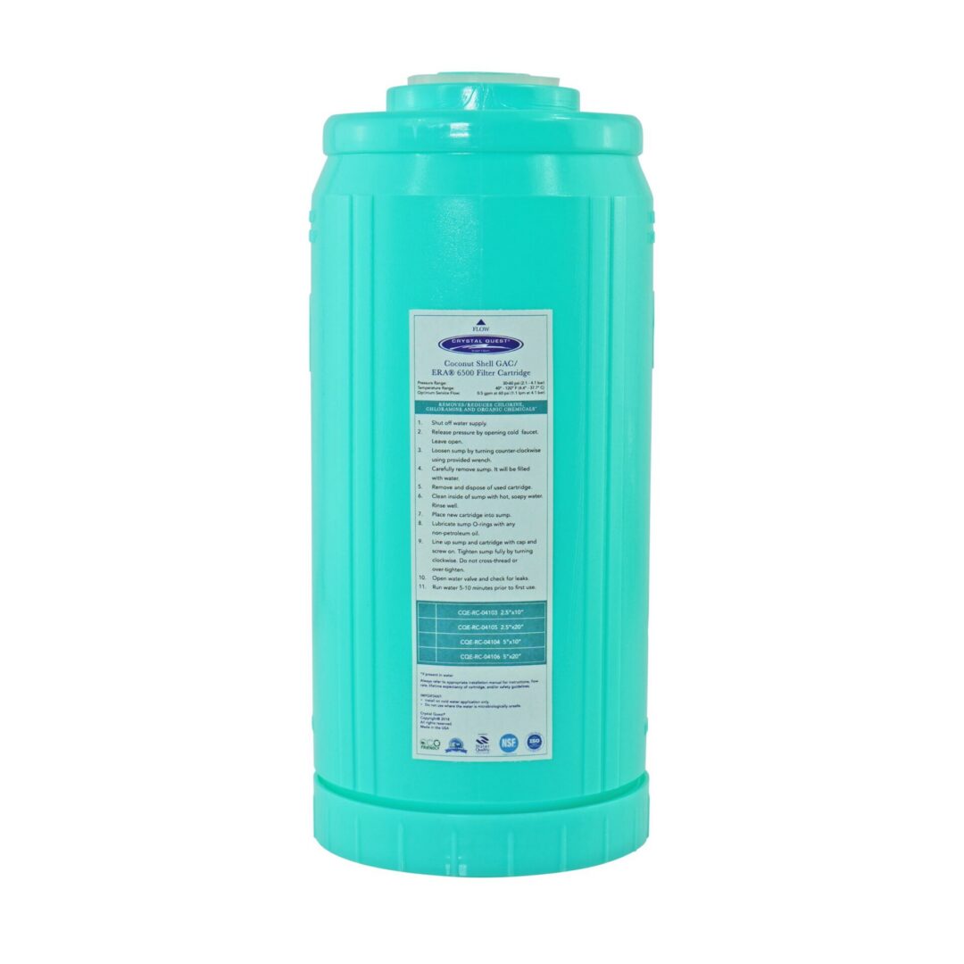 Turquoise water filter cartridge with label