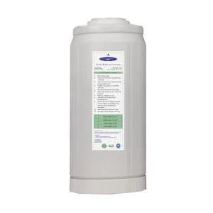 White cylindrical water filter cartridge with label