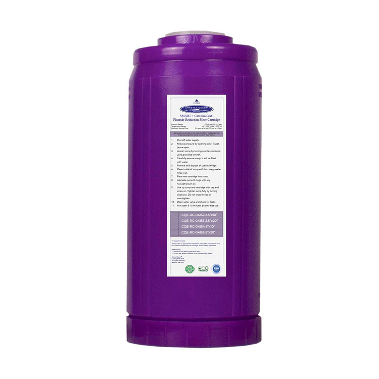 Purple cylindrical water filter cartridge with label