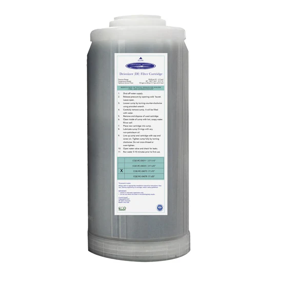 Cylindrical gray DI water filter cartridge with label