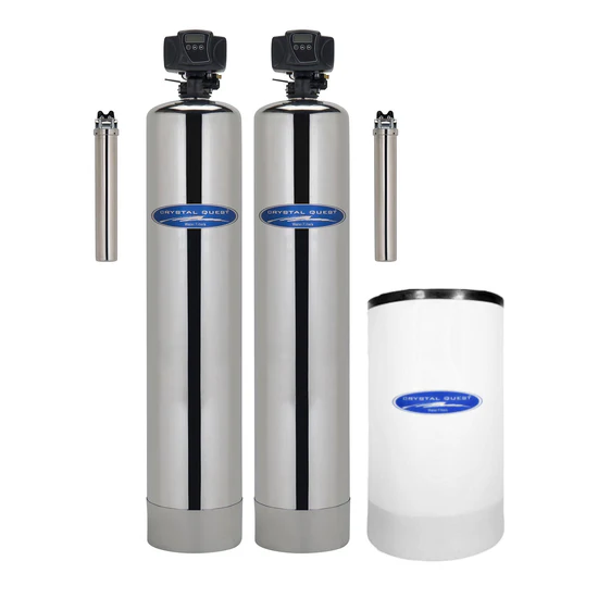 Twin stainless whole-house water filtration tanks