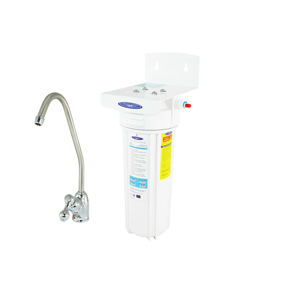 Under-sink water filter and chrome faucet