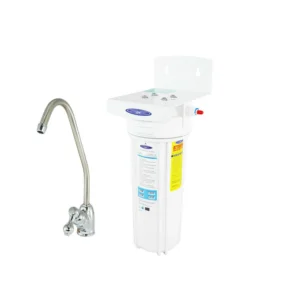 White under-sink water filter with chrome faucet