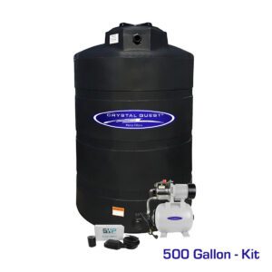 Black 500-gallon water storage tank with pump