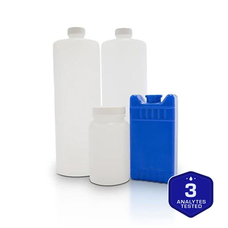 White laboratory sample bottles with blue ice pack