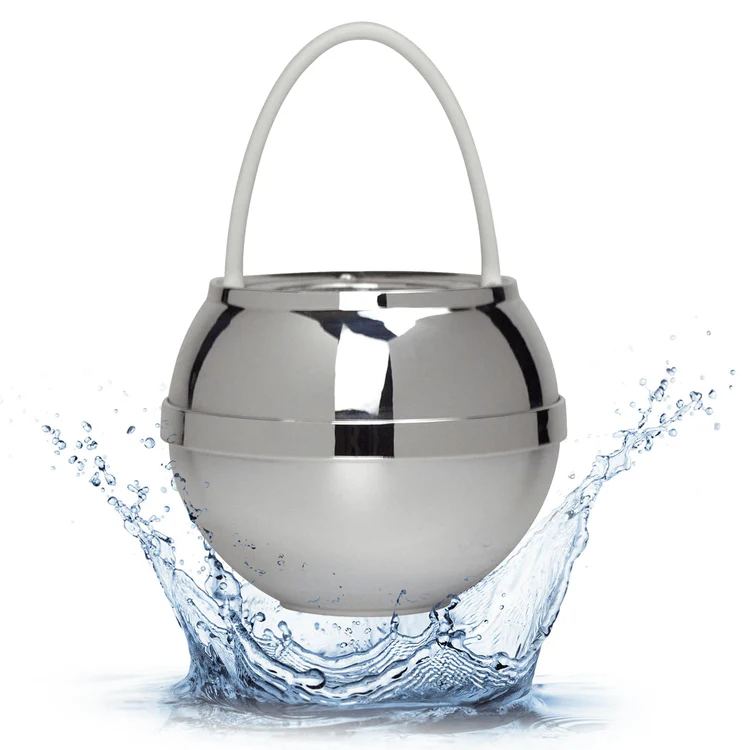 Polished stainless steel spherical ice bucket with handle