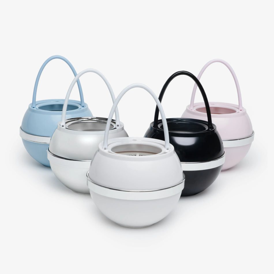 Five spherical insulated lunch containers with handles