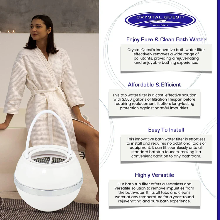 Woman in robe beside bath water filter