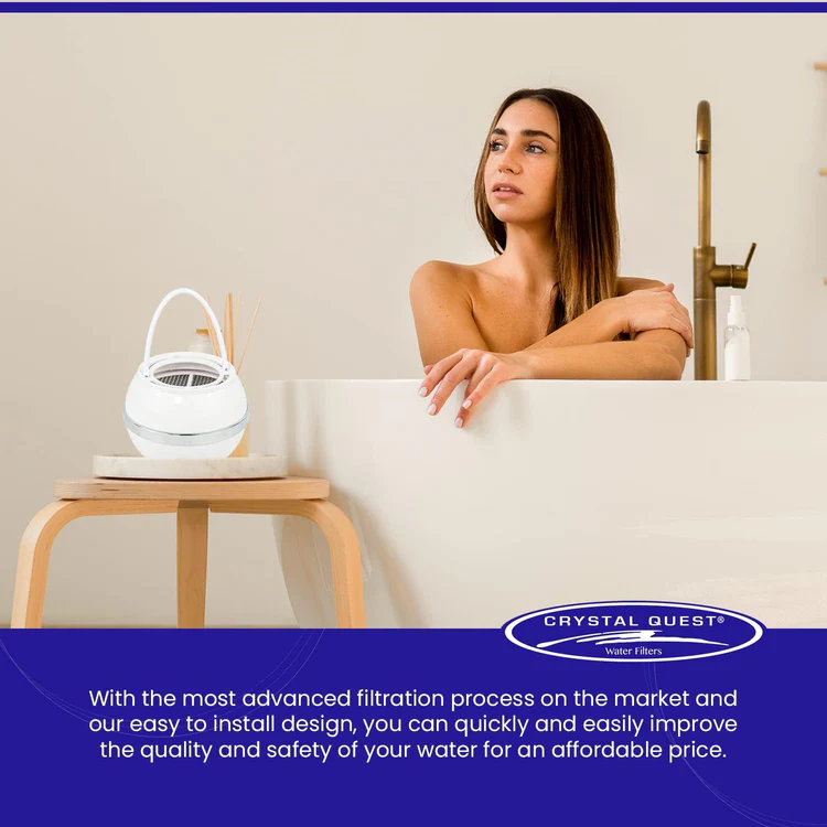 Woman relaxing in bathtub beside water filter