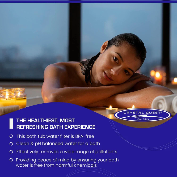 Woman in candlelit spa bath water filter ad