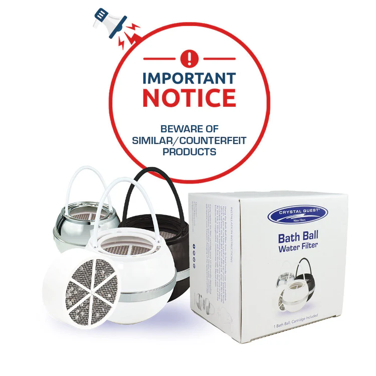 Bath Ball water filters with counterfeit warning