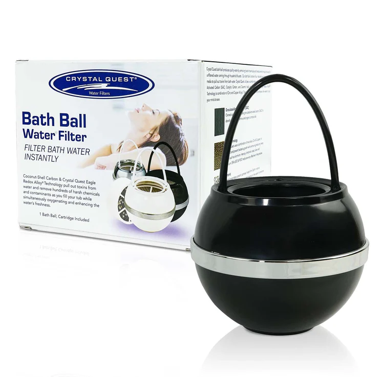 Black bath ball water filter with packaging