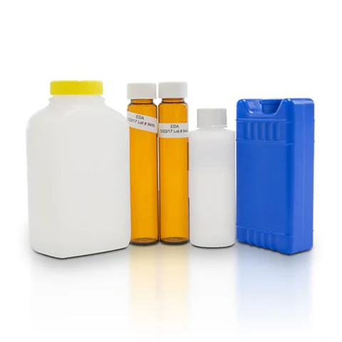 Assorted laboratory reagent bottles and vials
