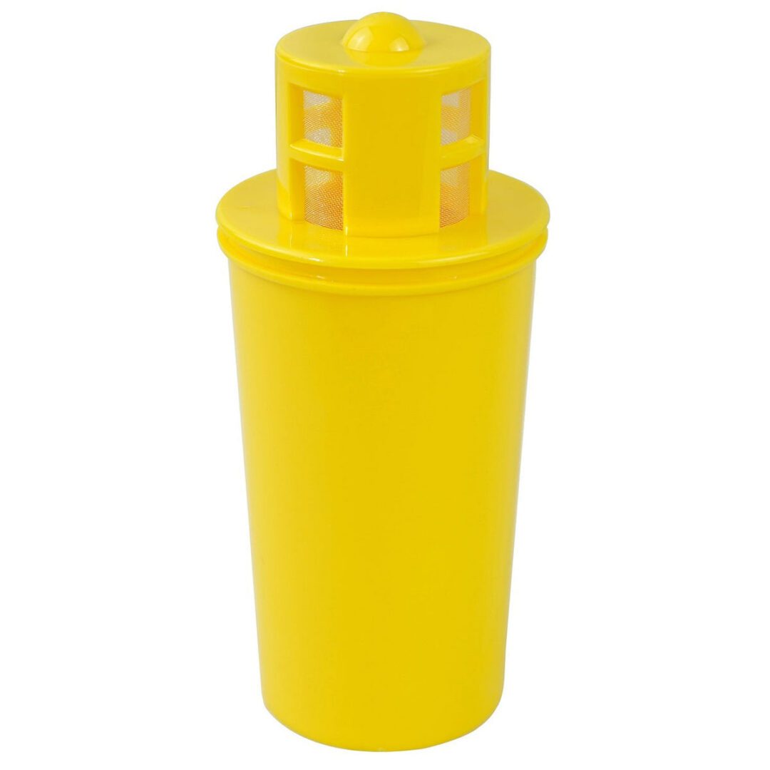 Yellow plastic shaker bottle with perforated lid