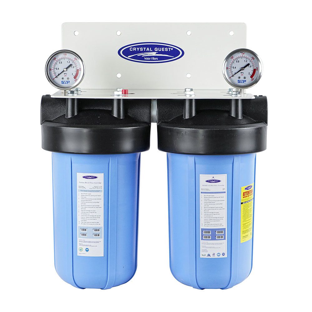 Dual-stage water filtration system with gauges