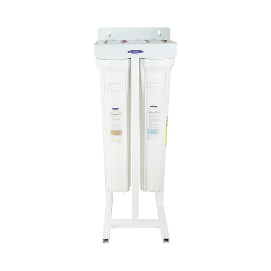 Dual cartridge water filtration system on stand
