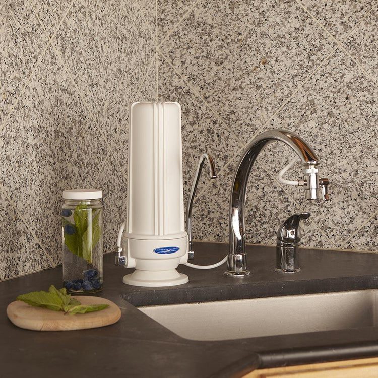 Countertop water filter next to kitchen faucet