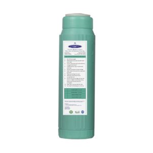 Green replacement water filter cartridge with label