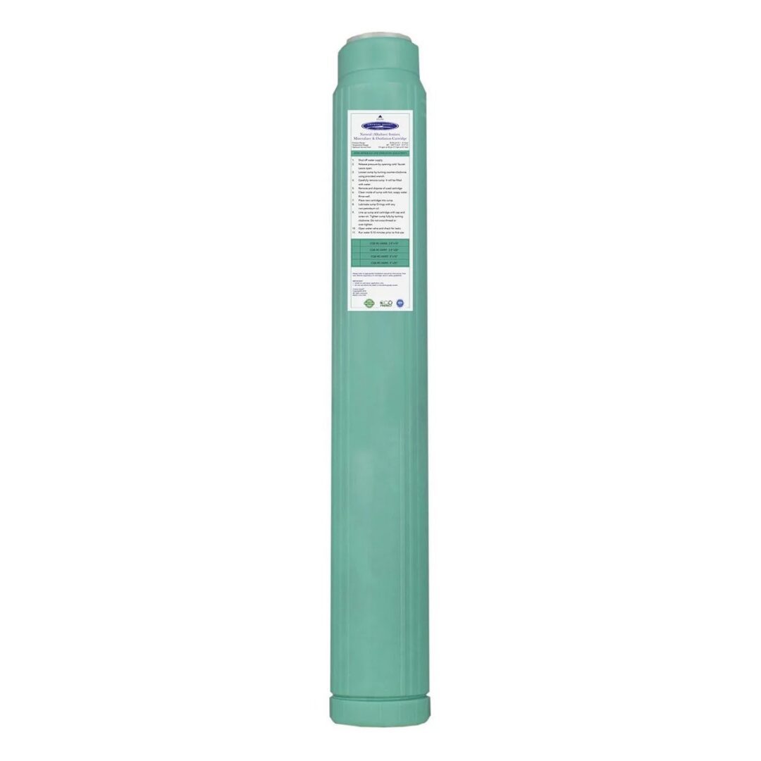 tall green water filter cartridge with label