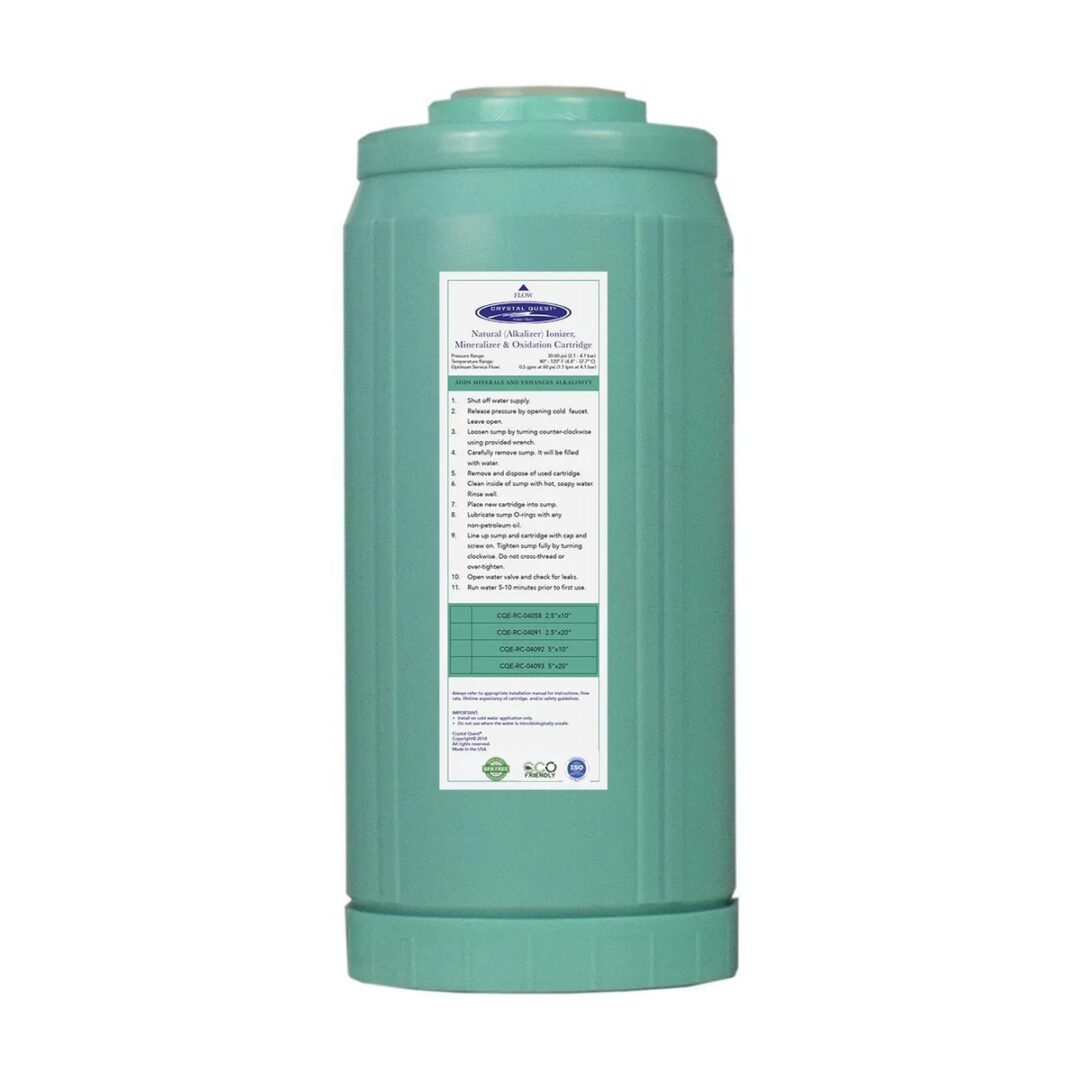 Green replacement water filter cartridge with label