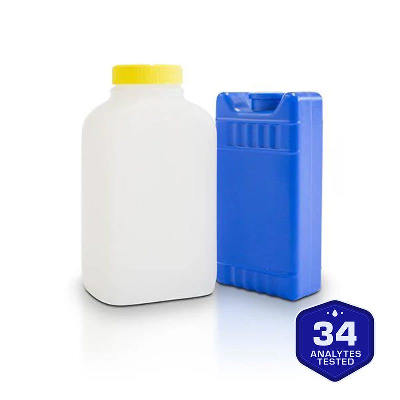 White plastic jar and blue jerrycan