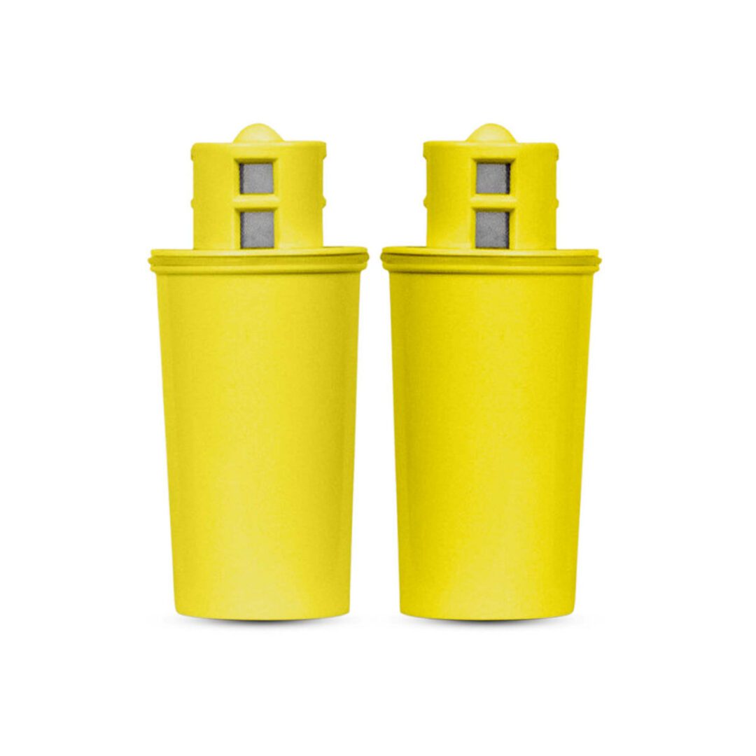 Two yellow spray canisters on white background