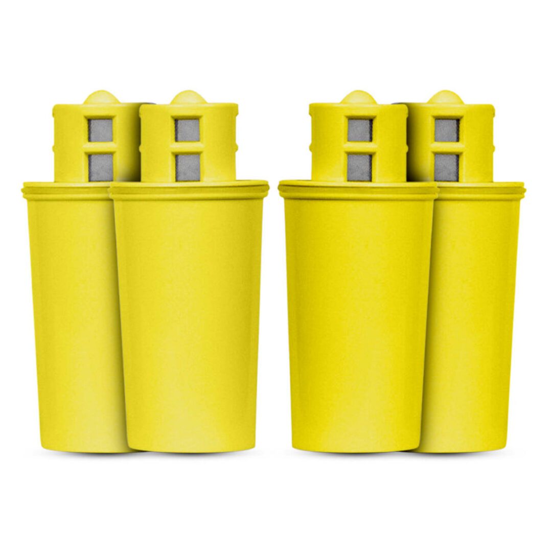 Two pairs of yellow plastic canisters