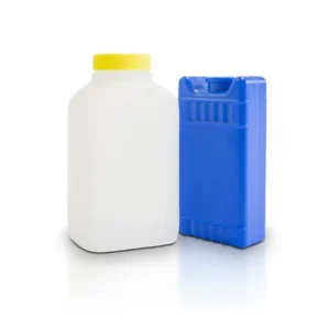 White jar with yellow lid, blue ice pack