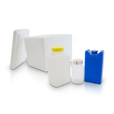 Cooler with specimen jars and blue ice pack