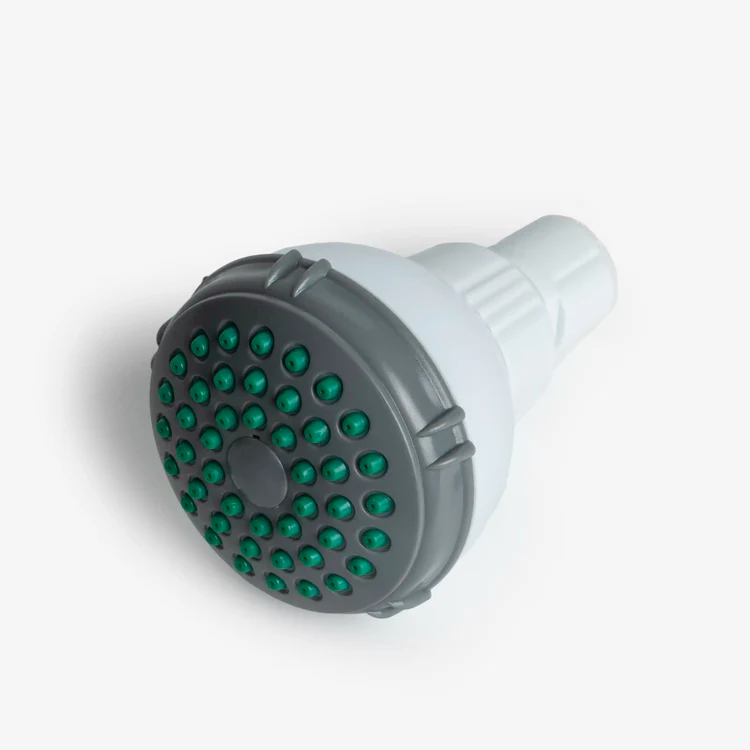 White and gray showerhead with green nozzles