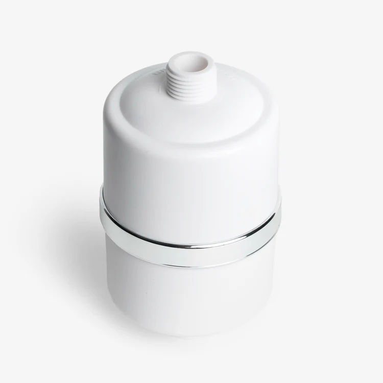 White inline water filter cartridge with chrome ring